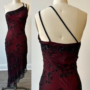 SOLD 90s/Y2K Asymmetrical Mesh Overlay Floral Beaded One Shoulder Cache Dress